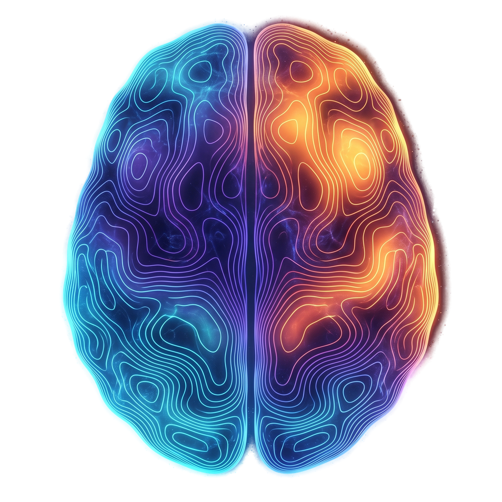 Topographic brain visualization — cyan and amber hemispheres representing brain mapping and neurofeedback